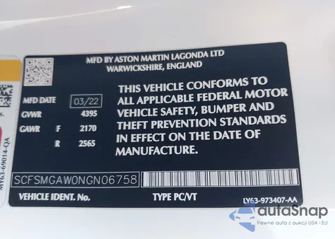 2022 Aston Martin Vantage /F1 Edition z USA, uszkodzony, nr VIN SCFSMGAW0NGN06758